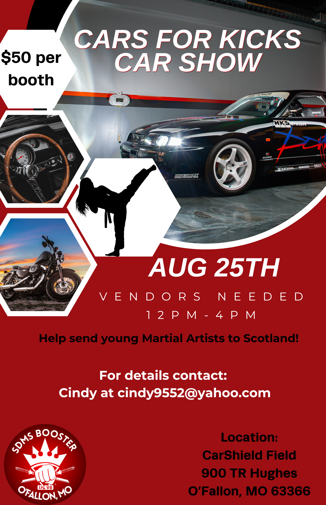 A poster for cars for kicks car show on august 25th