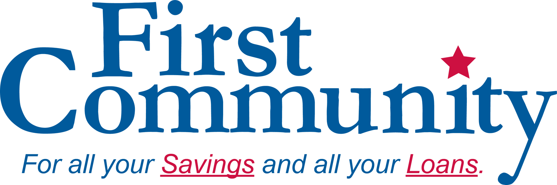 Logo for First Community, a financial institution. Features blue text and a red star, with tagline.