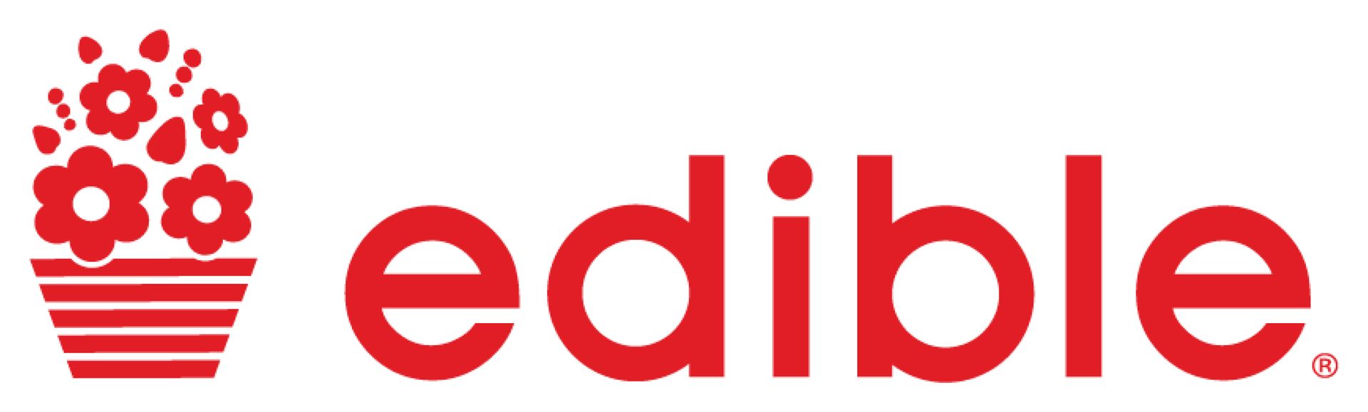 A red edible logo with flowers on it
