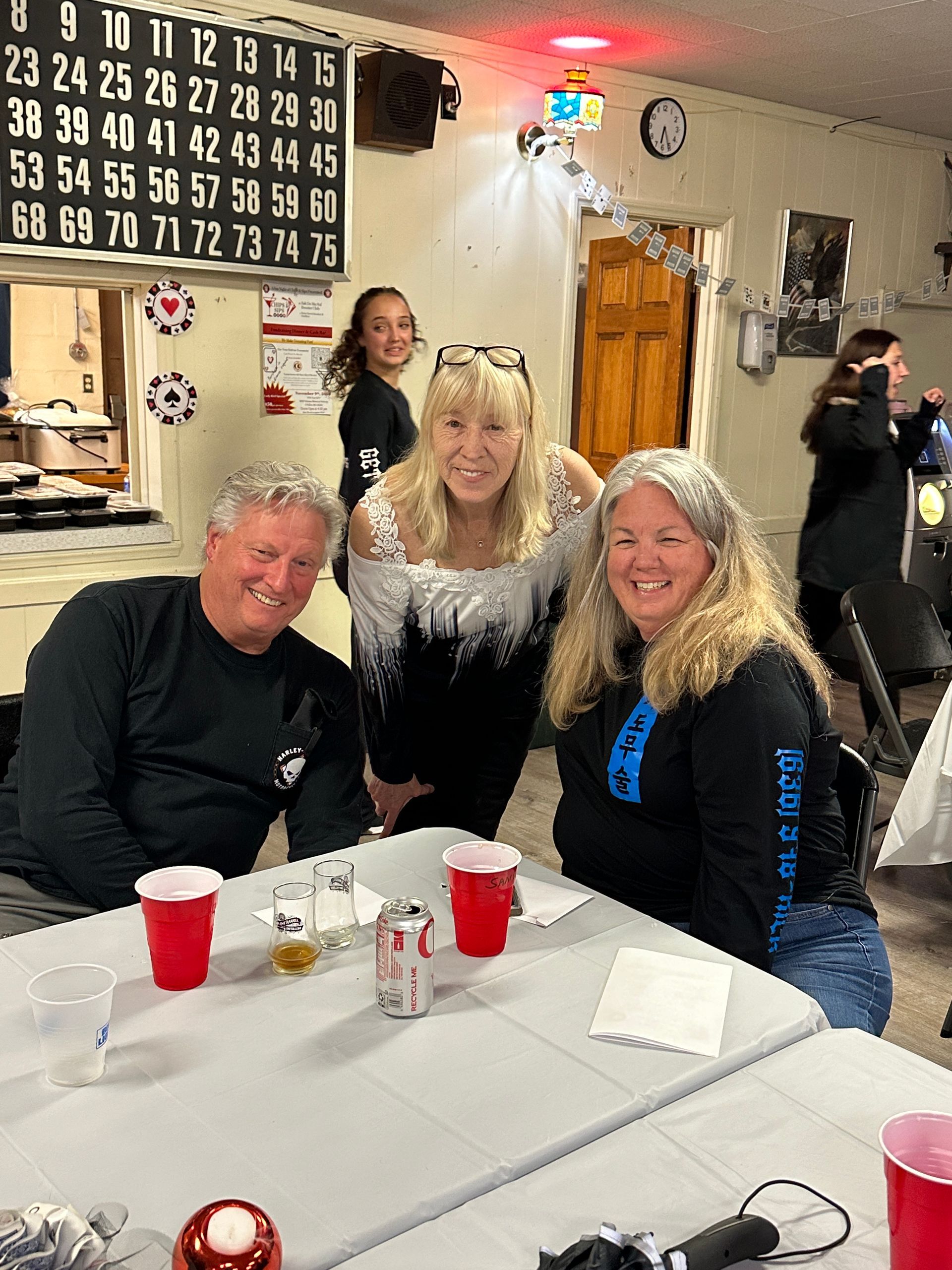 A group of people are sitting at a table with red cups.