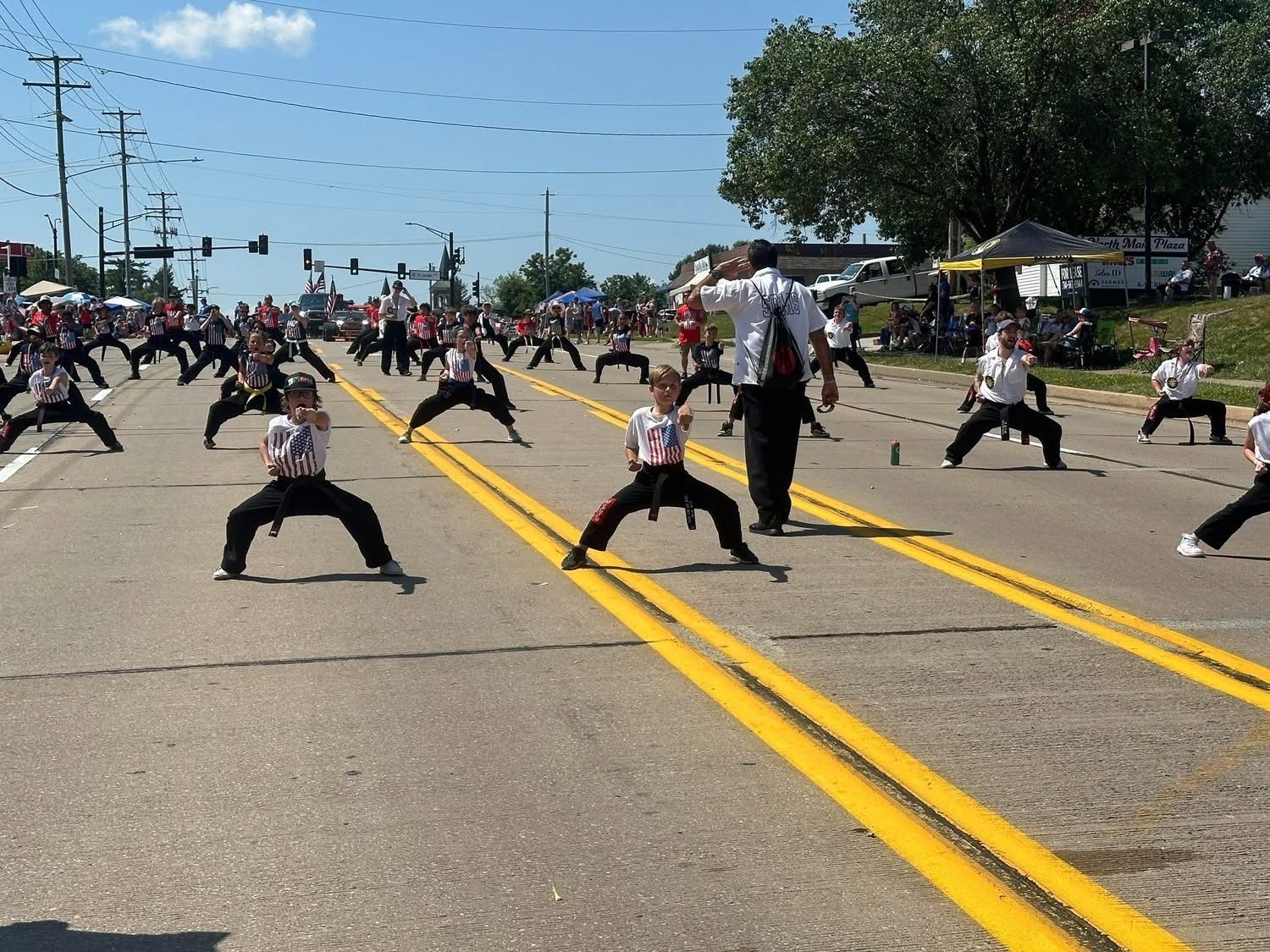 A group of people are practicing martial arts in a parade.