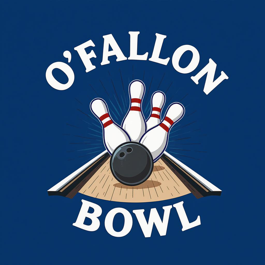 O'Fallon Bowl logo with bowling pins, ball, and lane on a blue background