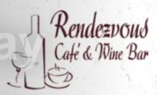 A logo for rendezvous cafe and wine bar with a bottle of wine and a cup of coffee.