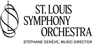 St. Louis Symphony Orchestra logo with stylized musical note graphic and music director Stéphane Denève.