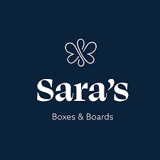 Sara 's boxes and boards logo on a dark blue background.