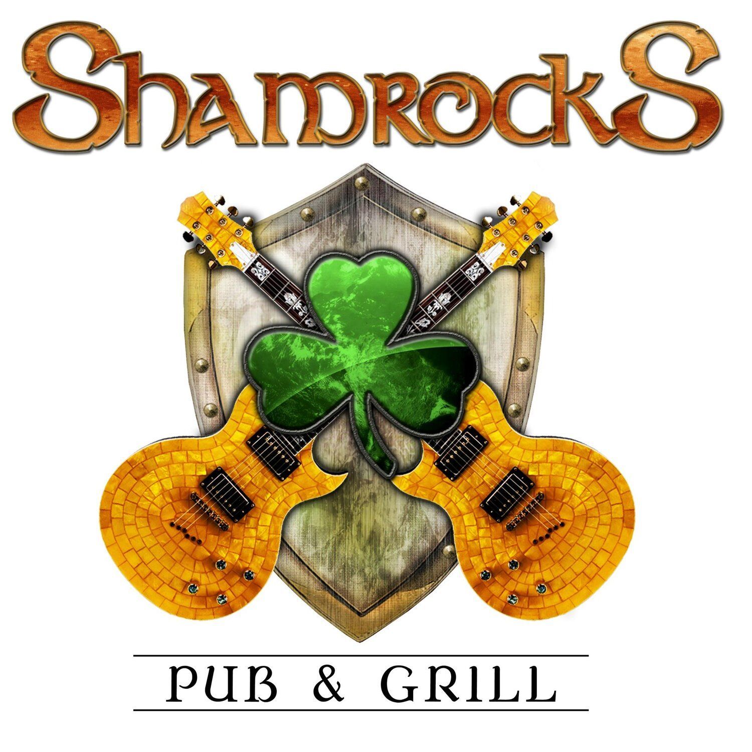 A logo for shamrocks pub and grill with two guitars and a shamrock.