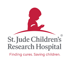 The logo for st. jude children 's research hospital shows a child reading a book.