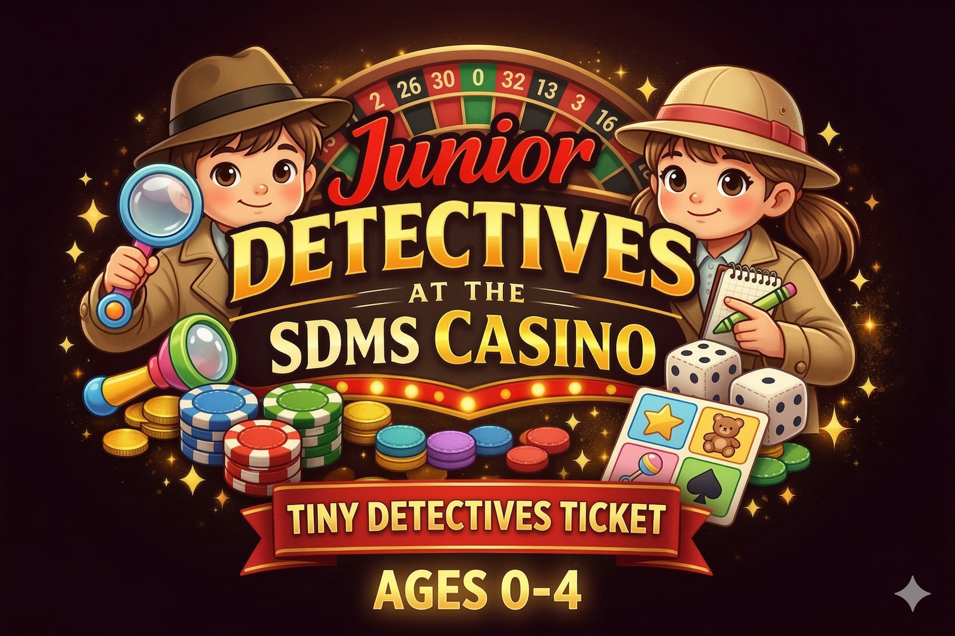 Junior Detectives at the SDMS Casino ticket for ages 0-4 featuring two cartoon investigators with a roulette wheel and chips.