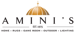 The logo for amin 's home rugs game room outdoor lighting