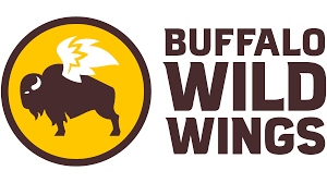 Logo for Buffalo Wild Wings featuring a dark brown winged buffalo silhouette inside a yellow circle next to the company name.