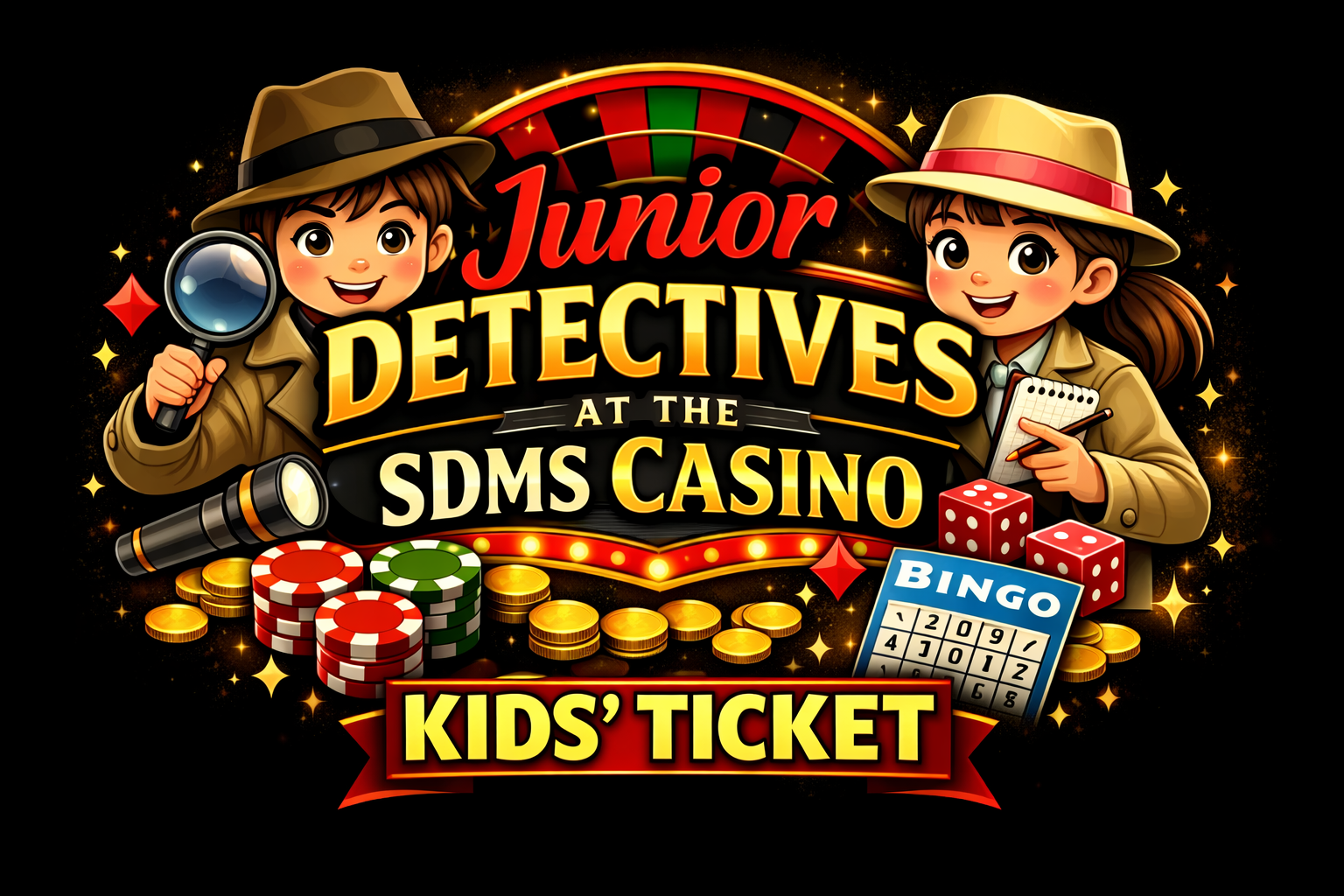 Junior detectives at casino: two cartoon children, roulette wheel, bingo card, coins, chips, magnifying glass, flashlight.