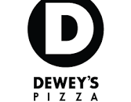 Logo for Dewey's Pizza featuring a bold white letter D inside a black circle, with