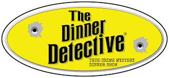 Logo for The Dinner Detective featuring black text on a yellow oval with two bullet hole graphics.
