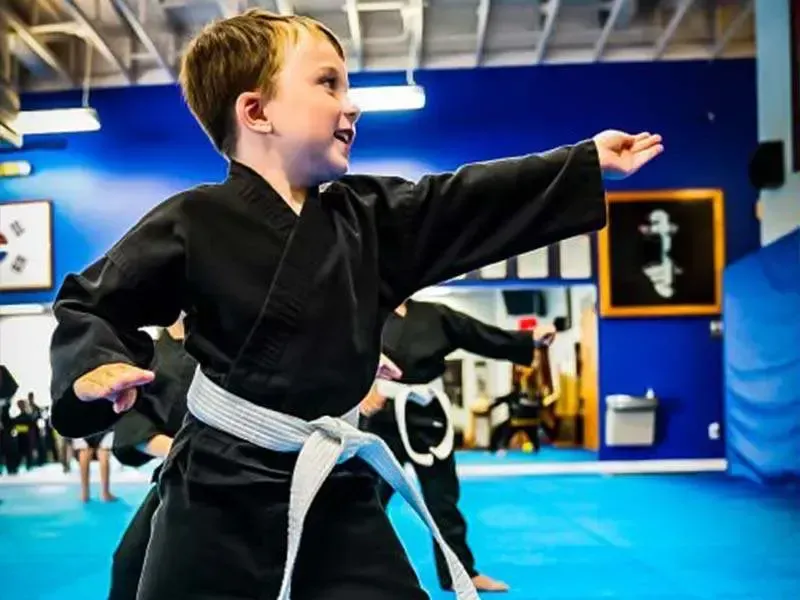 A young boy is practicing martial arts in a gym.