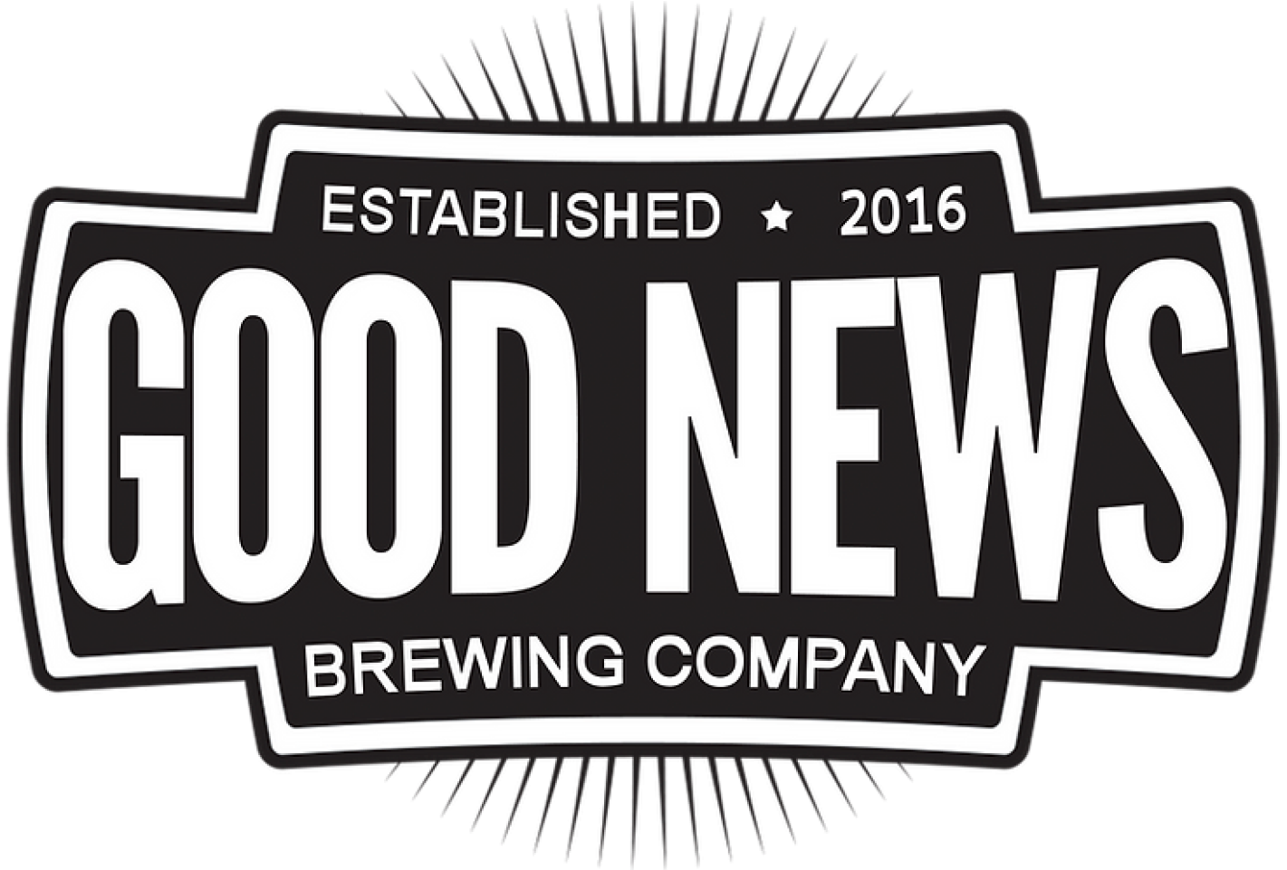 The logo for good news brewing company is black and white.