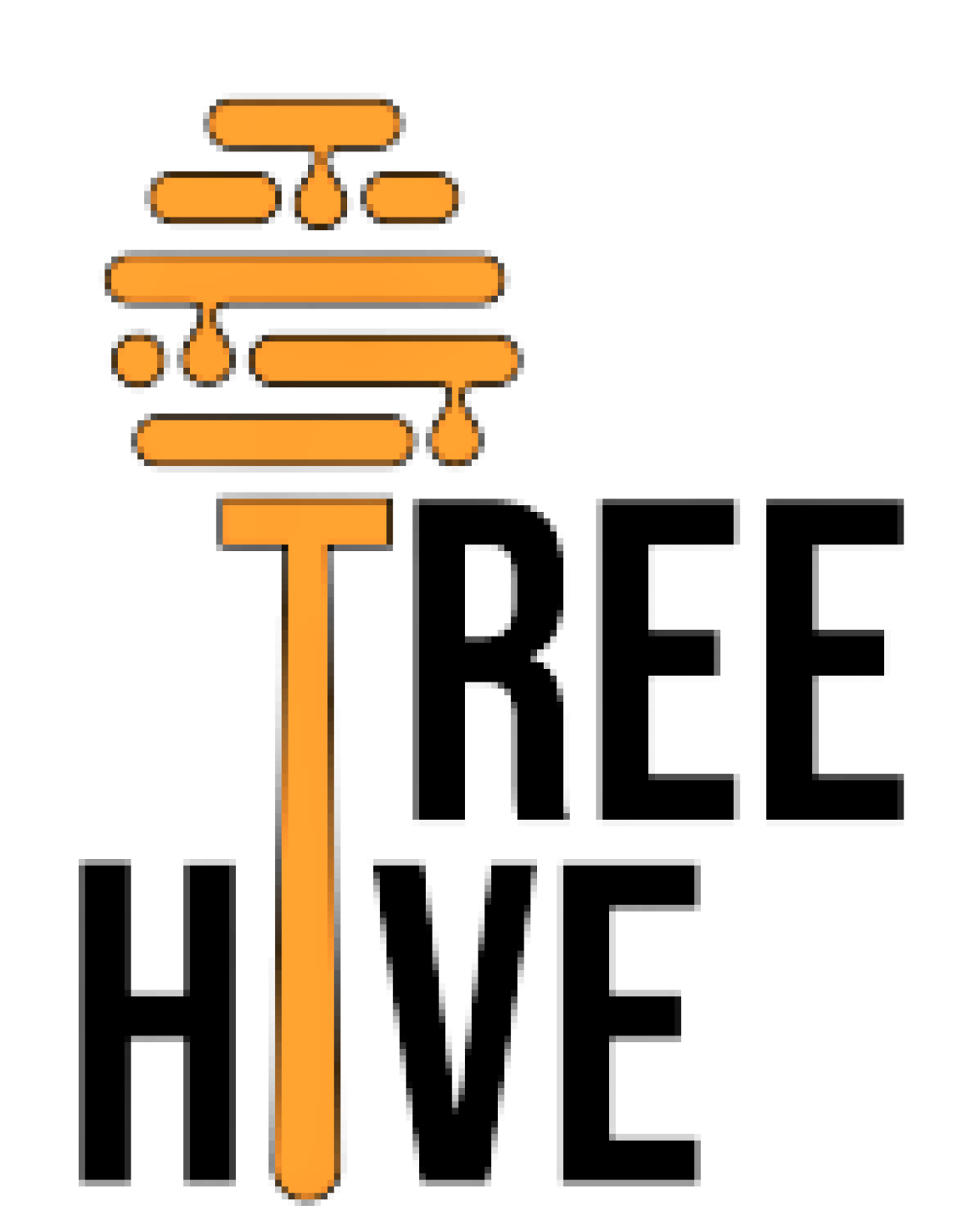 A logo for a tree hive with a honeycomb and a stick.
