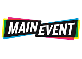 The Main Event logo featuring bold white text on black slanted speech bubbles, accented by colorful geometric layers.
