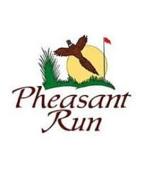 Logo for Pheasant Run featuring a flying pheasant in front of a yellow sun, grass, and a red flag.