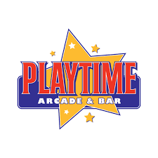 A logo for a playtime arcade and bar with a star and stars.