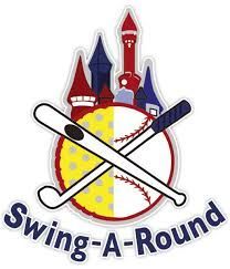 A Swing-A-Round logo featuring a castle silhouette above a yellow and white split ball with crossed golf and bat icons.