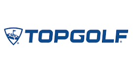 The blue Topgolf logo featuring a shield icon with a golf flag on the left and the word