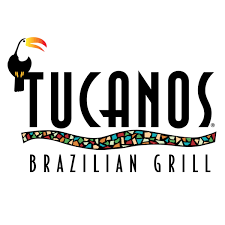 Logo for Tucanos Brazilian Grill featuring a toucan, stylized text, and a colorful, mosaic-patterned wave element.
