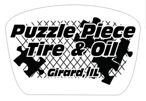 Puzzle Piece Tire & Oil logo with checkered background, Girard, IL.