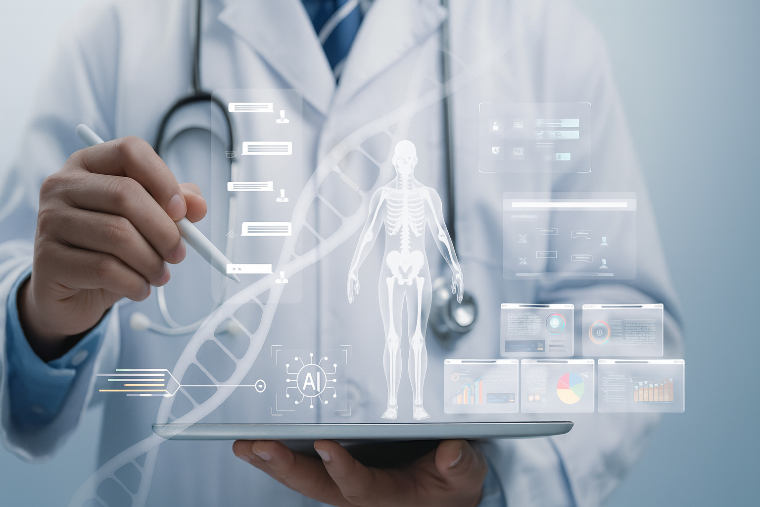 Doctor pointing at a digital human body with a tablet, overlaid with medical data visualization.
