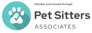 The logo for pet sitters associates is a blue circle with a paw print on it.
