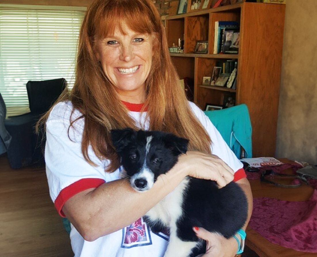 A woman in a white shirt is holding a black and white dog