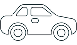 A black and white drawing of a car on a white background.