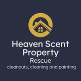 Logo for "Heaven Scent Property Rescue" with a golden house icon on a dark blue background, listing cleaning services.
