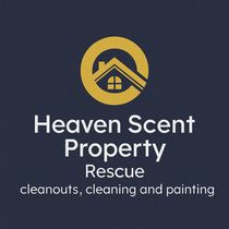 Logo for "Heaven Scent Property Rescue" with a golden house icon on a dark blue background, listing cleaning services.