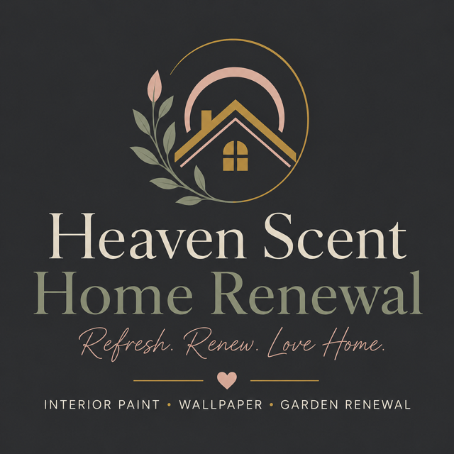 Logo for "Heaven Scent Property Rescue" with a golden house icon on a dark blue background, listing cleaning services.