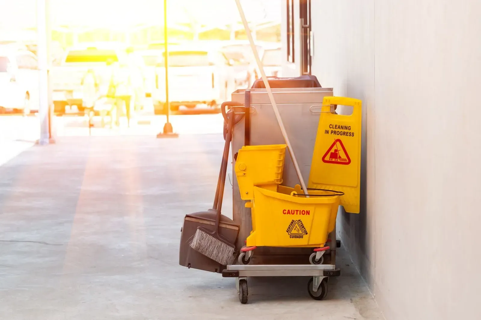A yellow mop and bucket are sitting on a cart next to a wall.