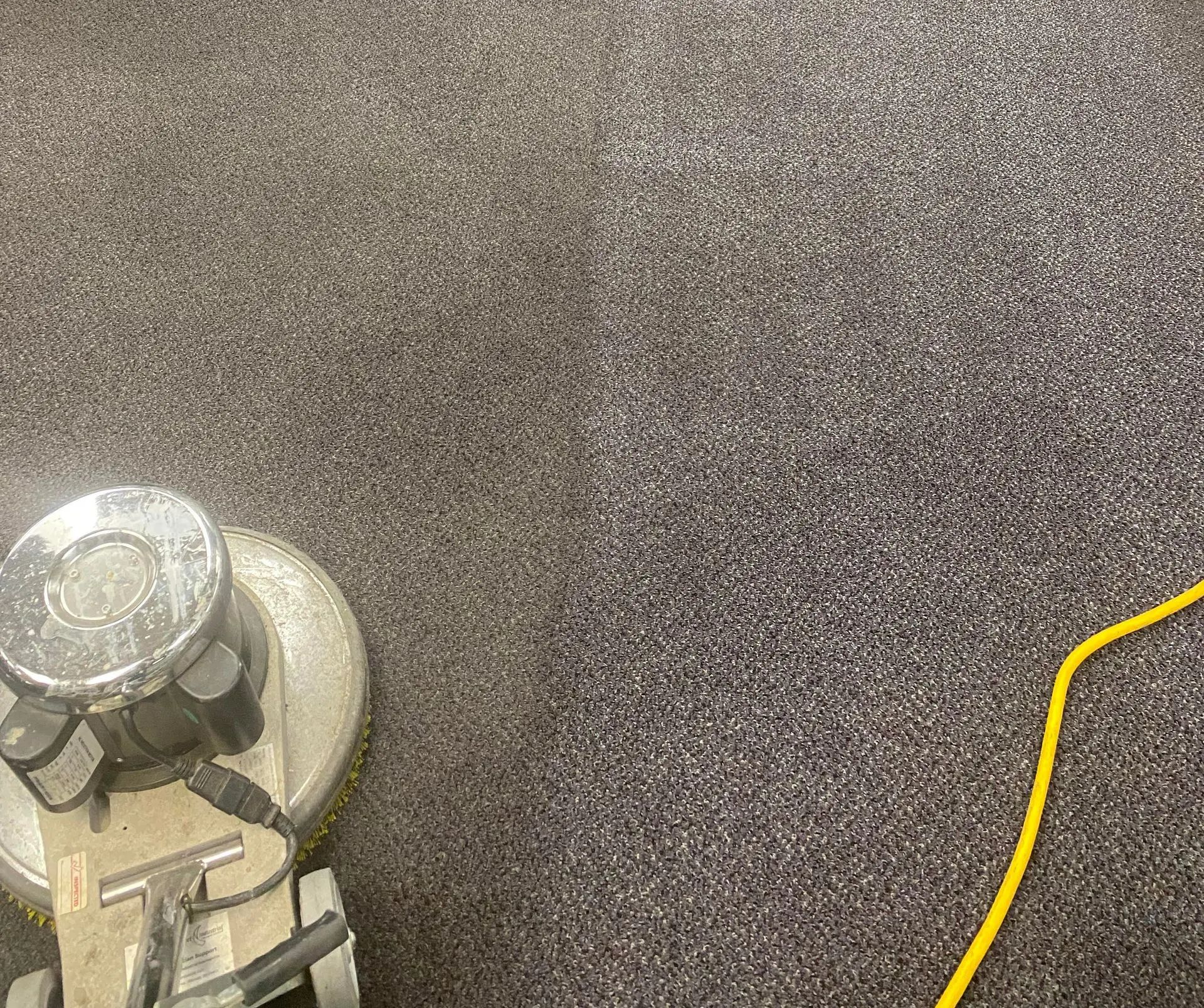 A floor buffer machine cleaning a textured grey carpet, with a yellow power cord visible.