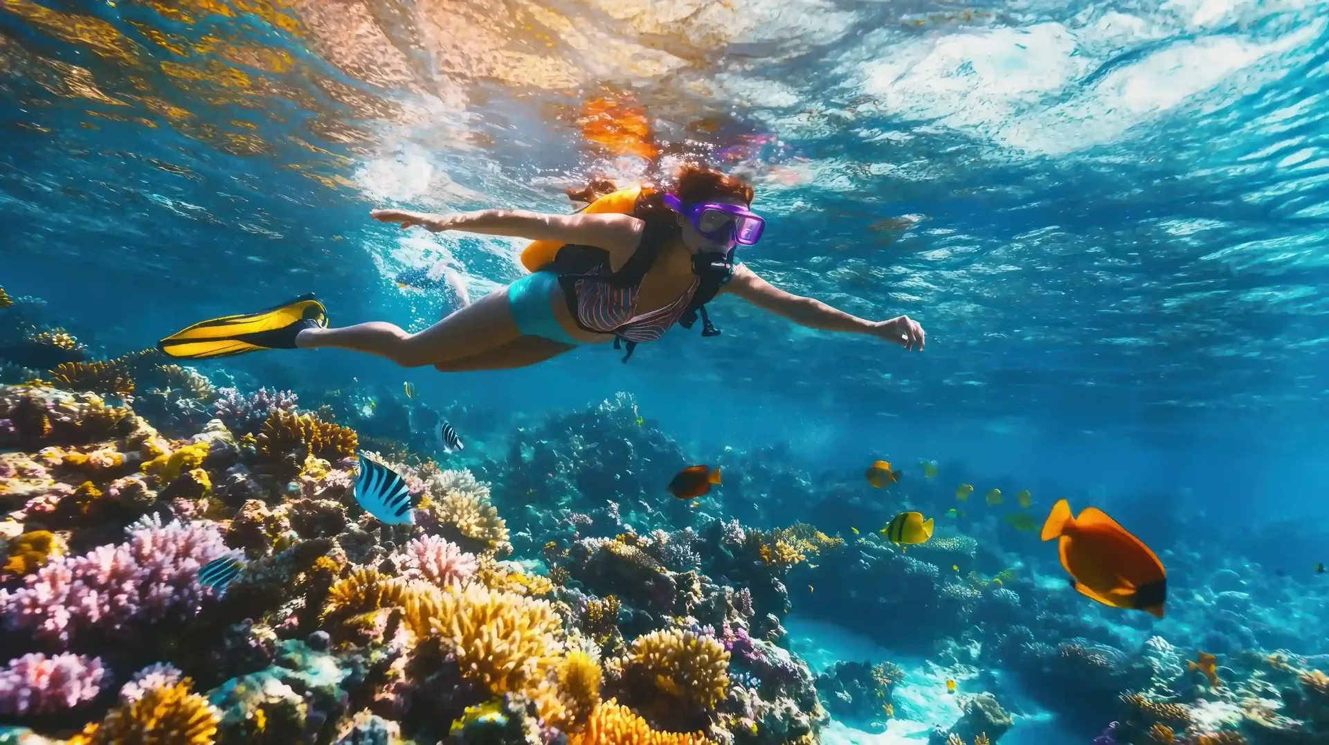 Turista practicando snorkel en San Andrés costa oeste entre corales y peces tropicales, uno de los mejores lugares para snorkel en San Andrés.