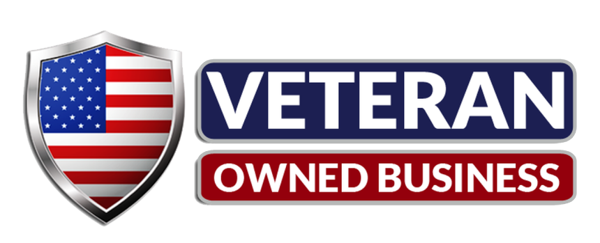 A veteran owned business logo with an american flag on a shield.