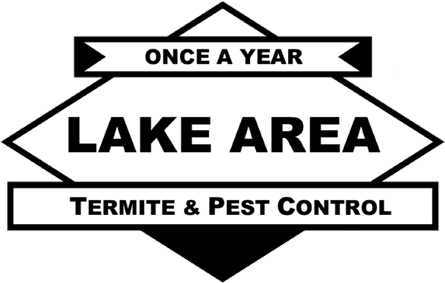 A black and white logo for lake area termite and pest control.