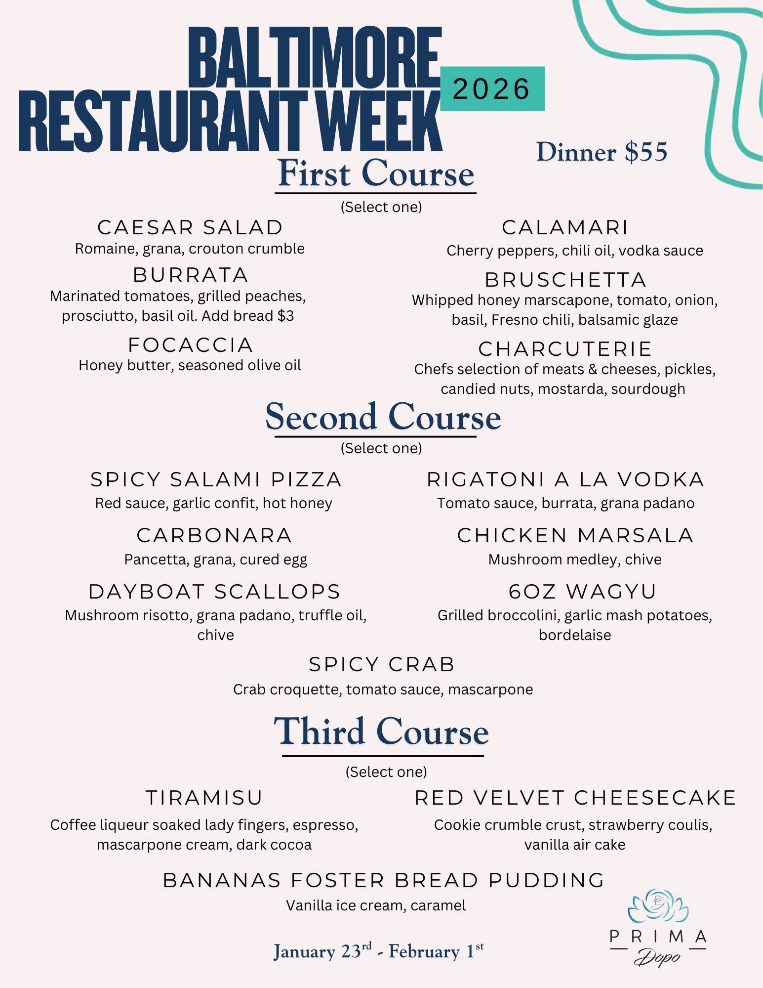 Prima Dopo Baltimore Restaurant Week Dinner Menu