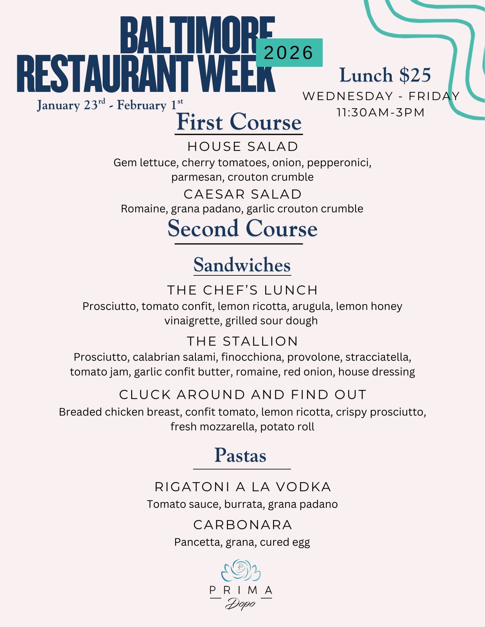 Prima Dopo Baltimore Restaurant Week Lunch Menu