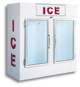A white ice box with two glass doors on a white background.