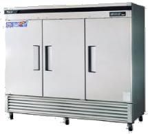 A stainless steel refrigerator freezer with three doors and wheels.