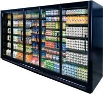 A refrigerator filled with lots of food in a grocery store.