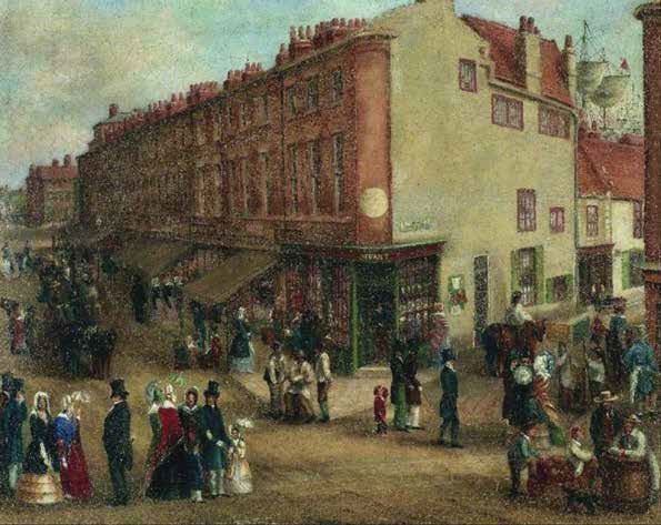 Street scene with buildings, people in 18th-century attire, shops, horse-drawn carriages.