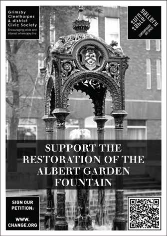 Black and white poster: ornate fountain, text