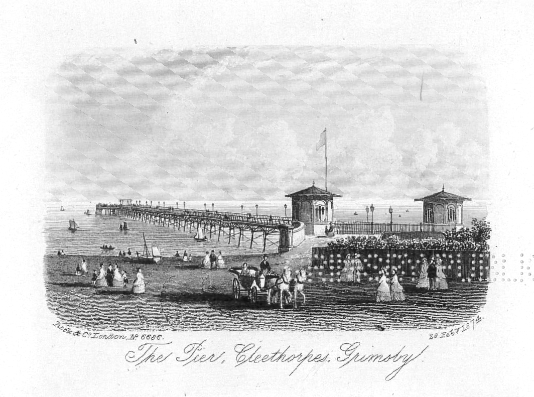 Illustration of Cleethorpes pier with people, two small buildings, and boats.