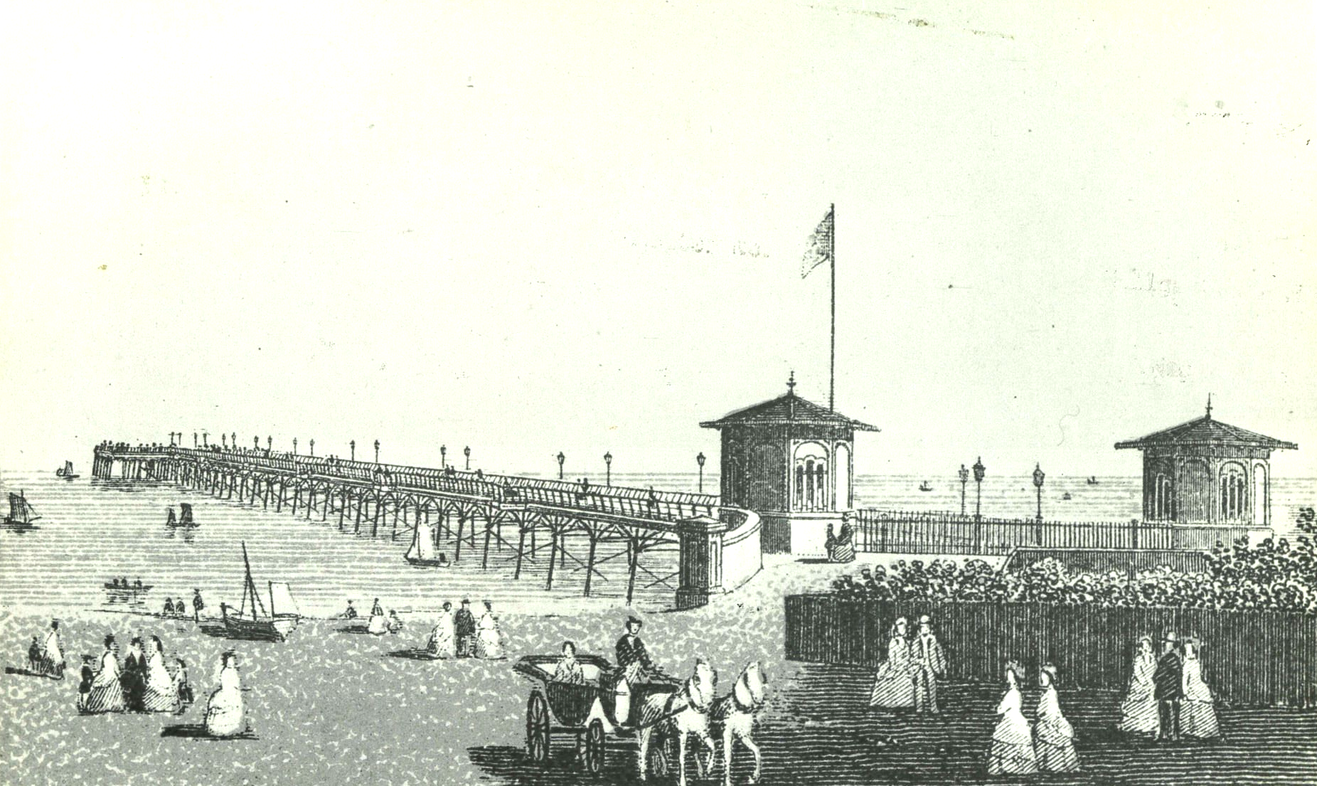 Pier scene, possibly Victorian era: people, carriages, boats on water, buildings, and a flag.