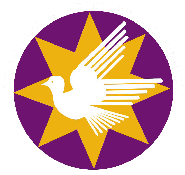 White dove over yellow starburst on purple circle logo