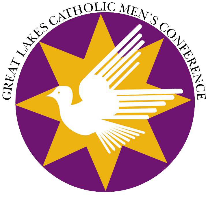 Great Lakes Catholic Men’s Conference logo with a white dove on a gold star over purple circle